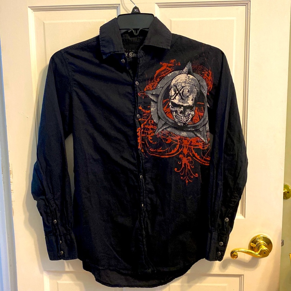 Men’s button up shirt, size small with skull design.